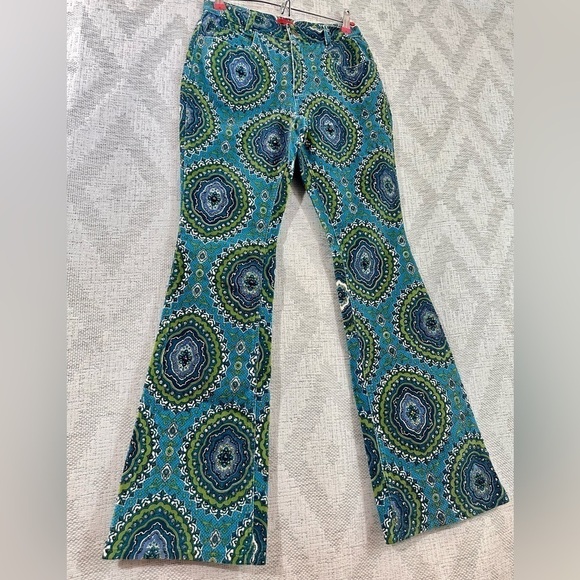 Y2K groovy Jane Doe kaleidoscope velour beaded bootcut green & teal pants - Picture 13 of 15
